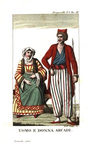 Férfi és nő Árkádia, Peloponnészosz, Görögország. Illusztráció Francois Pouqueville Utazások a More, Albánia és az Oszmán Birodalom számos más részén című könyvéből. alkotó: Unbekannter Künstler