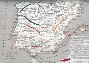 Spanyolország térképe a germán Hispánia idején, 409-585 (Map of Spain at the times of Germanic Hispania) Metszet Houze "Atlas Universel" című művéből. alkotó: Unbekannter Künstler