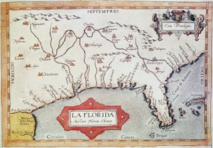 "Florida" feltérképezése. Láthatjuk a Ráktérséget, a Bahamákat és a Tortugas-szigeteket. Abraham Ortelius (1527-1598) térképész "Teatrum Orbis Terrarum" című művében. alkotó: Unbekannter Künstler