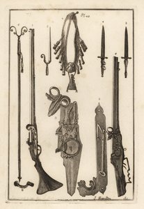 Matchlock muskéta, zár és szurony a Tower of Londonból 1-3, szurony 4, muskétatámasz és szurony 5, muskétatámasz 6, páncélosok és poros palack 7, kerékzár 8, 9 és villáskulcs 10 alkotó: Unbekannt