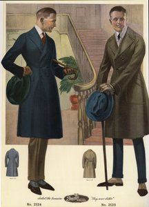Férfi divat 1920 - Férfiak kétmellényes kabátban, botot és kalapot tartva, gatyában. Kromolitográfia a Bruner Woolens férfidivat-katalógusából. alkotó: Unbekannter Künstler