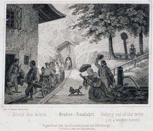 Sóbánya: turisták kilépése a bányából sínekre húzott fajárművel Durrnburgban, Ausztriában, 1850 körül alkotó: Unbekannt