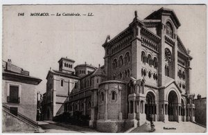 Monaco: a Cathedrale Notre-Dame Immaculee külső képe (Notre-Dame-Immaculee) - Képeslap, 19. század vége-XX. század alkotó: William M. Timlin