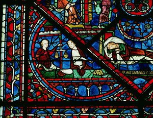 Pénzváltók a templomban, részlet egy ablakból alkotó: Unbekannt