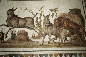 Állatharcok mozaikja: tigris két éjszakai ősemberre támad. II s AD/Musee d