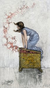 Mítoszok és legendák: Pandora túl kíváncsi kinyitja a szelencét a tiltás ellenére, és kevesebb démont szabadít ki a szelencéből, amely az emberiség összes baját tartalmazza. Színes metszet a 19. századból. alkotó: Unbekannter Künstler