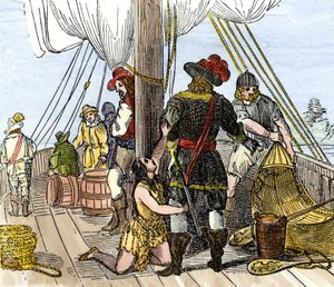 Amerika őslakosai: indiánok. Pocahontas, akit Jamestown egyik hajójának fedélzetén fogtak el. Színes metszet a 19. századból. alkotó: Unbekannter Künstler