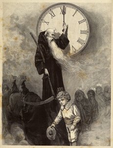 Újévi allegória 1889 ábrázoló régi boltíves, szimbolizálja a régi év, átadja helyét egy mosolygó kisfiú szimbolizálja az új évet. Az idő egy óra mutatóit forgatva nézi a jelenetet. 19. századi metszet alkotó: Unbekannter Künstler
