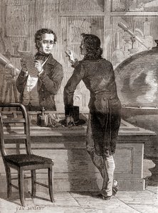 Nicéphore Niépce, bár még mindig ismeretlen és szegény, Charles Chevalier optikai és műszerüzletében, a Les Merveilles de la Science-ből, megjelent 1870 körül (metszet) alkotó: Unbekannt