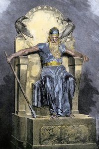 Skandináv mitológia: Wotan (Odin) istenség ábrázolása. Színes metszet a 19. századból. alkotó: Unbekannter Künstler