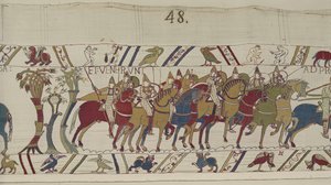 A Hastingst elhagyó normann katonák Harolddal harcolni, Bayeux Tapestry (gyapjú hímzés vászonon) alkotó: Unbekannt