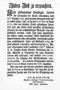 A strasbourgi tizenhármas kormányzó testület (Tredecim Viri) értesítése a „Juden Zoll” 3 évre szóló kivetésének jogáról szóló nyilvános árverésről alkotó: Unbekannt