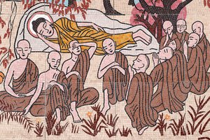Ong Nui buddhista pagoda, falfreskó, Buddha élete, 45 év Dharma tanítása után Buddha Parinirvanába, Quy Nhonba, Vietnamba, 2019 (fotó) alkotó: Unbekannt