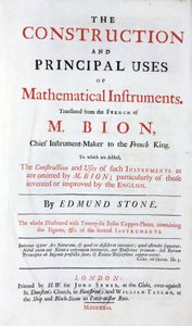 Nicolas Bion (1652-1933) matematikai műszerekről szóló könyvének címlapja, angol fordítás, az "angol fejlesztések" kiegészítésével, 1723-ban Londonban megjelent alkotó: Unbekannt