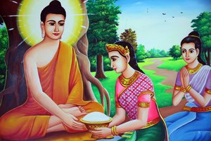 Festmény, amely Buddha felajánlásokat kap. Kambodzsa alkotó: Unbekannt