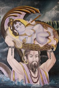 Festmény Gokulban: Krishna kisbabaként, akit Vasudeva vitt át a Yamuna folyón. India alkotó: Unbekannt