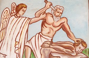 Festmény a togói Boldogasszony templomban: Ábrahám áldozata, Togoville, Togo alkotó: Unbekannt