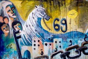 Palesztin falfestmény a falon Jeninben, Ciszjordánia, Palesztina, hazatérő palesztin család, 2018 (fotó) alkotó: Unbekannt