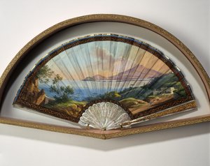 Papírlegyező makett gouache festménnyel, amely a Grand Tour úti céljait ábrázolja, általában a 18. és 19. századi művészek és értelmiségiek gyakorlati utazása a mediterrán országokban fiatalkorukban oktatásuk és gazdagodásuk céljából. alkotó: Unbekannt
