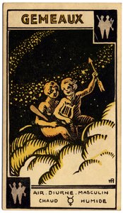 Paranormális. Asztrológia. Ikrek (az ikrek). Asztrológiai kártya a következőtől: Le Tarot Astrologique (Asztrológiai Tarot), Georges Muchery, Franciaország alkotó: Unbekannter Künstler