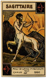 Paranormális. Asztrológia. Nyilas (az Íjász). Asztrológiai kártya a következőtől: Le Tarot Astrologique (Asztrológiai Tarot), Georges Muchery, Franciaország alkotó: Unbekannter Künstler
