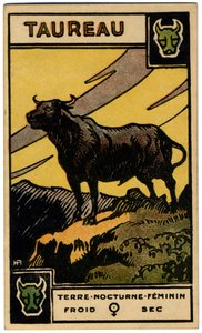 Paranormális. Asztrológia. Bika (a Bika). Asztrológiai kártya a következőtől: Le Tarot Astrologique (Asztrológiai Tarot), Georges Muchery, Franciaország alkotó: Unbekannter Künstler
