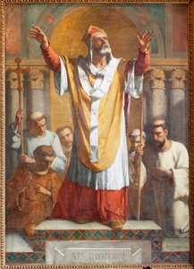 Plébániatemplom (Parochiale kerk Sint-Dionysius van Lede). Belső. Déli folyosó. Az oltár. Festmény. Szent Dénes. TheEodore-Joseph Canneel aláírása és dátuma: 1854. alkotó: Unbekannter Künstler