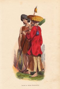 Paraszt és katona Cochinchinois (Vietnam) - Vietnam (Cochinchine) emberei: katona turbánnal, pajzzsal és lándzsával, paraszt szalmakalapban, tunikában és ásóval - Mercier kézi fametszete a "Moeurs, Uses et Costumes de tous les Peuples du Monde, As alkotó: Unbekannter Künstler