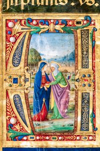 Piccolomini Könyvtár: Kóruskönyv, cod. 14.P., ff. 2r „Mária és Szent Mária látogatásával”. Erzsébet, Giovanni di Giuliano Boccarditól, akit Boccardino az idősebbnek hívnak. Részlet. alkotó: Unbekannter Künstler