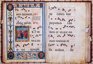 Piccolomini Könyvtár: kóruskönyv, cod. 26.R, ff. 29v-30r „Krisztus és mindenszentek”, Giovanni di Taldo. alkotó: Unbekannter Künstler