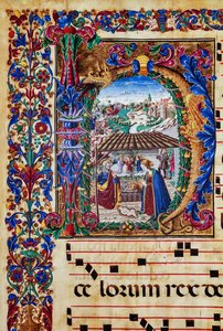 Piccolomini Könyvtár: kóruskönyv, cod. 2.B, ff. 5v „Nativity”-vel, firenzei megvilágítóval. Részlet. alkotó: Unbekannter Künstler