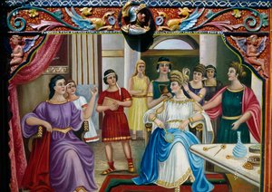 Római matrónát ábrázoló szicíliai kocsin képi díszítés, Szicília, Olaszország, részlet alkotó: William M. Timlin