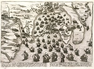 Cadizi kikötő terve 1596-ban, Sir Walter Raleigh támadása idején (metszet) alkotó: Unbekannter Künstler