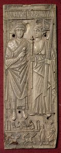 Emléktábla, amely Basiliscust, a keleti császárt († 478) ábrázolja, alatta egy szekérversennyel, római, i.sz. 480 (elefántcsont) alkotó: Unbekannt