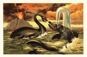 A Plesiosaurus és az Ichthyosaurus egy 1908-as kitörés előtt harcol (litográfia) alkotó: Unbekannter Künstler