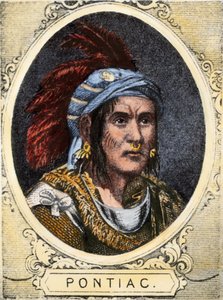 Pontiac (vagy Obwandiyag, 1714-1769 körül), a detroiti Outaouais indiánok törzsének (Ottawa Nation) főnöke portréja. Színes metszet a 19. századból. alkotó: Unbekannter Künstler
