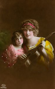 Képeslap két nőt ábrázol gitárral, "Album para Tarjetas postales". alkotó: Unbekannter Künstler