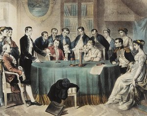 Az elektromos elemmel kapcsolatos kísérletek bemutatása 1801-ben Bonaparte Napóleon első konzulnak Volta által (metszet) alkotó: Unbekannter Künstler