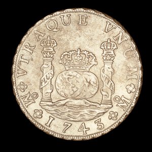 Ritka ezüst érme, VI. Ferdinánd spanyol király, 8 Reale, Herkules oszlopok a Gibralta-szorosban, földgömbökkel, korona alkotó: Unbekannter Künstler