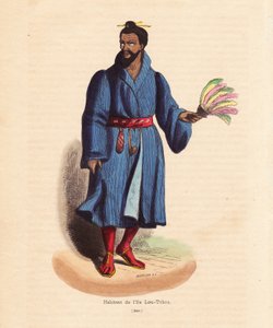 Ryu Kyu szigetek lakója (Okinawa, Japán) - A Lou-Tchou szigetek (RyukYu szigetek vagy a mai Okinawa) lakója - Mercier kézzel készített fametszete a "Habits, Uses et Costumes de tous les Peuples du Monde, Asie" című műből, melyet Auguste Wahlen, Jean Wahlen alkotó: Unbekannter Künstler