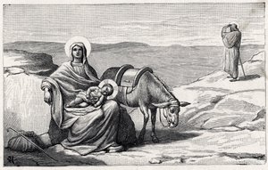 Pihenjen az egyiptomi repülés alatt. A gyermek Jézus ábécéje. 1932-es kiadás. Fafaragványok szignált H G. Magángyűjtemény alkotó: Unbekannt