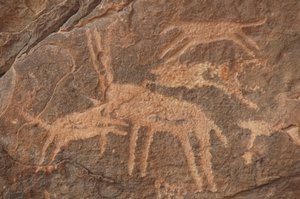 Sziklaművészet, Őstörténet: Egy kutyafalka által megtámadott antilop metszete az Uweinat-hegységben, Egyiptom (Kr.e. 8000-3000 év közötti időszak). Fényképezés alkotó: Unbekannt