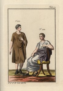 A paenulát viselő római férfi és egy ülő római szenátor. Kézzel színezett rézmetszet Robert von Spalart "Történelmi kép az ókor és a középkor fő népének viseleteiről" (1798) című művéből. alkotó: Unbekannter Künstler