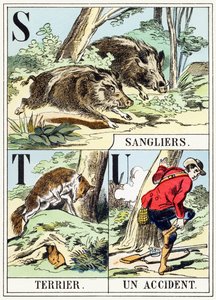 S T U: Sanglier, Terrier, Un-baleset - A vadászat ábécéje, 1890 körül (metszet) alkotó: Unbekannt