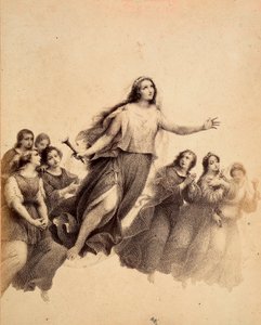 Szent Lucia, fáklyával a kezében, ifjúságtól körülvéve repül át az Empyreán égboltján. Illusztráció Dante Alighieri Isteni komédiája Paradiso című művének XXXII. énekéhez. Francesco Scaramuzza műve, amelyet a firenzei önkormányzatnak szentelt. alkotó: Unbekannter Künstler
