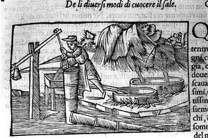 Sótermelés: főzés. Olaus Magnus (1490 - 1557) svéd vallásos és földrajztudós metszete, "Az északi nemzet története", Velence alkotó: Unbekannt