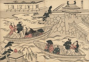 Szamurájok átkelnek a folyón (Akasaka Mitsukénál) egy csónakban a Yoshiwara szórakozóhelyre vezető úton. Masanobu Okumura (1686-1764) fametszete a Fuzoku Emakimono, Picture Scroll of the Water Trade, Tokió, 1880 körüli újranyomás. alkotó: Unbekannter Künstler