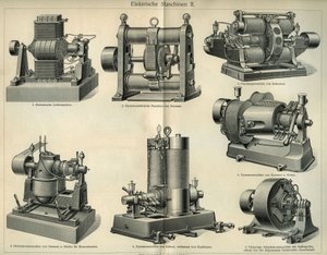 Tudományos és technológiai testület, amely a német elektromos gépeket képviseli. Az illusztráció a „Meyers Grosses Konversations - Lexikon””-ból származik, 1904. Bibliographers Institute, Lipcse és Bécs alkotó: Unbekannt