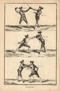 A lefegyverzés második helyzete tierce, a lefegyverzés a carte-on vagy seconde thrust, és a lefegyverzés második helyzete a carte-on. Robert Benard rézmetszete Denis Diderot enciklopédiájának vívásról szóló részéből, Pellet, Genf. alkotó: Unbekannter Künstler