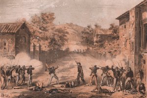 Szicíliai önkéntesek támadják a nápolyiak bal oldalán lévő állásokat a szicíliai Milazzóban alkotó: William M. Timlin
